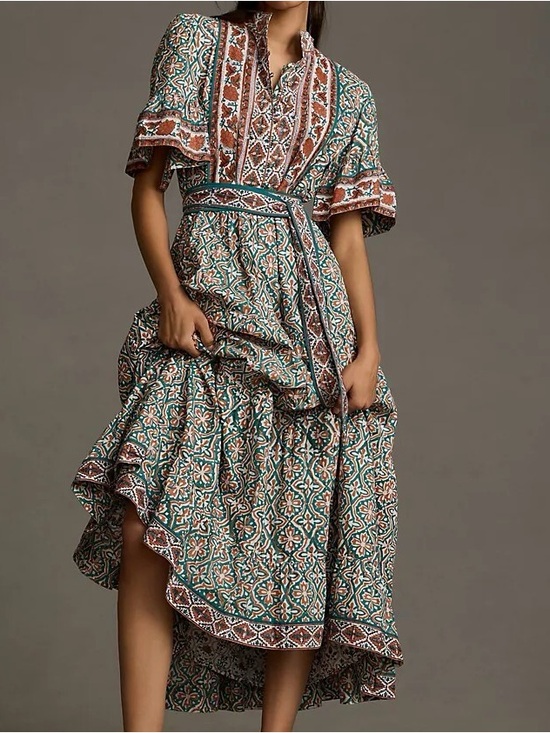Anthropologie Dresses & Skirts - Anthropologie Sue Sartor Block Print Midi Dress 3X Teal Boho Ruffle Picnic 100%
